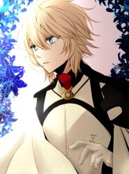 Rule 34 | 1boy, blonde hair, blue eyes, blue flower, cape, commentary request, fangs, flower, gloves, hair between eyes, high collar, hyakuya mikaela, looking to the side, male focus, open mouth, owari no seraph, partial commentary, short hair, solo, tsukimori usako, upper body, white gloves