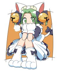 1girl animal_ears animal_hat apron back_bow bell blue_bow blue_dress bow breath cat_ears cat_girl cat_hat cat_tail cocia_(kosianko) commentary_request covered_mouth covering_own_mouth dejiko di_gi_charat dress footwear_bow full_body green_eyes green_hair hair_bell hair_bow hair_ornament hands_on_own_face hat jingle_bell looking_to_the_side mittens orange_background parted_bangs paw_shoes petticoat short_hair short_sleeves sitting solo tail tail_bow tail_ornament two_side_up white_apron white_bow white_footwear white_hat white_mittens white_tail