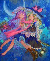 Rule 34 | 2girls, acrylic paint (medium), ama-tou, blonde hair, bow, braid, broom, crescent, dress, female focus, full body, hair bow, hat, highres, kirisame marisa, lamp, long hair, multiple girls, multiple riders, no socks, painting (medium), patchouli knowledge, perfect cherry blossom, purple eyes, purple hair, revision, scarf, shared clothes, shared scarf, side braid, sitting, smile, star (symbol), touhou, traditional media, witch, witch hat, yellow eyes