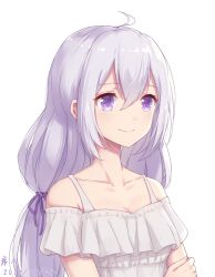 Rule 34 | 1girl, ahoge, babouo, bad id, bad pixiv id, blush, breasts, cleavage, closed mouth, collarbone, dated, hair between eyes, hair ribbon, large breasts, long hair, looking away, original, purple ribbon, ribbon, silver hair, simple background, smile, solo, upper body, white background