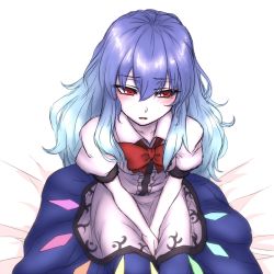 Rule 34 | 1girl, between legs, blue hair, blush, bow, breasts, dress, facing viewer, hinanawi tenshi, layered dress, long hair, looking away, miata (miata8674), no headwear, no headwear, on bed, open mouth, own hands clasped, own hands together, pale skin, red eyes, seiza, shy, sitting, small breasts, solo, touhou, v arms, very long hair