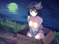 Rule 34 | 1girl, aran sweater, bare shoulders, between legs, black hair, blue eyes, box, breasts, cable knit, cardboard box, cat mask, collarbone, full body, grey sweater, hair flaps, haishiki, hand between legs, in box, in container, large breasts, long sleeves, mask, mask on head, nightgown, nipple slip, nipples, off shoulder, original, reflection, river, riverbank, sitting, solo, strap slip, sweater, translated, v arms