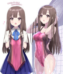 Rule 34 | 1girl, arms behind head, arms up, bare shoulders, blue ribbon, blue skirt, blunt bangs, blush, breasts, brown eyes, brown hair, cleavage, collarbone, cowboy shot, dot nose, hands up, highres, holding, holding clothes, holding swimsuit, idolmaster, idolmaster cinderella girls, idolmaster cinderella girls starlight stage, ktsecond, long hair, looking at viewer, medium breasts, mizumoto yukari, multiple views, neck ribbon, one-piece swimsuit, open mouth, pink one-piece swimsuit, pleated skirt, ribbon, school uniform, shirt, short sleeves, showering, skirt, smile, swimsuit, unworn swimsuit, wet, wet clothes, wet face, wet hair, wet swimsuit, white shirt