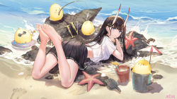 Rule 34 | 1girl, ass, atdan, azur lane, barefoot, beach, bird, black eyes, black hair, black sailor collar, black skirt, breasts, bucket, chick, closed mouth, commentary, crop top, crop top overhang, day, earrings, english commentary, feet, from behind, full body, highres, horns, jewelry, legs up, long hair, looking at viewer, looking back, lying, manjuu (azur lane), medium breasts, midriff, miniskirt, noshiro (azur lane), ocean, on stomach, oni horns, outdoors, pleated skirt, revision, rock, sailor collar, sand, school uniform, serafuku, shirt, short sleeves, skirt, smile, solo, starfish, water, white shirt