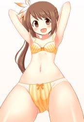 Rule 34 | 1girl, :d, armpits, blush, bra, breasts, brown hair, denkaisui, from below, hair ornament, highres, long hair, magia record: mahou shoujo madoka magica gaiden, mahou shoujo madoka magica, midriff, navel, open mouth, orange eyes, panties, ribbon, side ponytail, small breasts, smile, underwear, underwear only, yui tsuruno