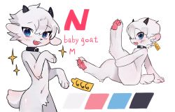 Rule 34 | 1boy, animal ears, black collar, blue eyes, character name, collar, color guide, ear tag, furry, furry male, goat ears, goat horns, goat tail, highres, horns, looking at viewer, navel, ninny n, nude, original, pawpads, short hair, sideways glance, simple background, sitting, white background, white fur, white hair