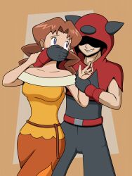 Rule 34 | 1boy, 1girl, absurdres, blue eyes, breasts, brown hair, caroline (pokemon), collarbone, covering own mouth, creatures (company), earrings, gag, gagged, game freak, grabbing, grabbing from behind, hand gagged, hand over another&#039;s mouth, hand over another's mouth, highres, imightbemick, jewelry, mature female, medium breasts, nintendo, pokemon, pokemon (anime), pokemon rse (anime), smile, team magma, team magma grunt