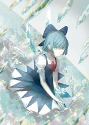 Rule 34 | 1girl, absurdres, barefoot, blue bow, blue dress, blue eyes, blue flower, blue hair, bow, bowtie, cirno, closed mouth, collar, collared shirt, crystal, dress, flower, gradient background, grey background, hair between eyes, highres, ice, ice wings, looking to the side, puffy short sleeves, puffy sleeves, rainbow, red bow, red bowtie, seiza, shirt, short hair, short sleeves, sitting, sly930105, solo, touhou, water, white shirt, wings