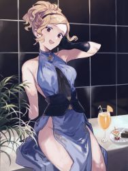 Rule 34 | 1girl, arm support, bare shoulders, black gloves, blonde hair, blue dress, blush, breasts, brown eyes, cocktail glass, cup, djeeta (granblue fantasy), dress, drinking glass, earrings, feet out of frame, food, gloves, granblue fantasy, groin, hairband, hand up, hashibiro kou (garapiko p), highres, indoors, jewelry, medium breasts, open mouth, pelvic curtain, plant, plate, ponytail, short hair, side slit, sideboob, sitting, sleeveless, sleeveless dress, smart elegance (granblue fantasy), solo, sweatdrop