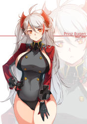 Rule 34 | 1girl, :o, antenna hair, azur lane, black gloves, black leotard, breasts, buttons, character name, copyright name, covered navel, cowboy shot, cross, double-breasted, etsem, gloves, grey hair, groin, hair between eyes, hand on own hip, headgear, highres, hip focus, iron cross, large breasts, leotard, long hair, long sleeves, looking at viewer, military, military uniform, mole, mole on breast, multicolored hair, orange eyes, parted lips, prinz eugen (azur lane), red hair, sideboob, solo, standing, streaked hair, swept bangs, thighs, tsurime, two side up, uniform, very long hair, zoom layer