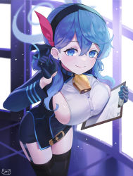 Rule 34 | 1girl, absurdres, ako (blue archive), arms behind head, arms up, bell, belt, black gloves, black pantyhose, black skirt, black thighhighs, blue archive, blue coat, blue eyes, blue hair, blue hairband, blush, breast press, breasts, buttons, clipboard, closed mouth, coat, cowbell, cowboy shot, earrings, from above, garter straps, gloves, hair between eyes, hairband, half gloves, halo, highres, jewelry, large breasts, leaning forward, long hair, looking at viewer, neck bell, pantyhose, prock, sideboob, skirt, smile, thigh gap, thighhighs, zettai ryouiki