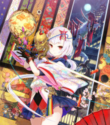 Rule 34 | 1girl, ball, black gloves, castle, cherry blossoms, cowboy shot, floral print, full moon, fuzichoco, gloves, horns, japanese clothes, katana, long hair, looking at viewer, low ponytail, mask, moon, mouth mask, oni, oni horns, original, red eyes, shirt, silver hair, skirt, solo, statue, sword, thighs, twig, very long hair, weapon
