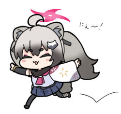 Rule 34 | 1girl, ahoge, animal ear fluff, animal ears, asymmetrical sleeves, black pantyhose, black sleeves, blue archive, blue skirt, blush stickers, closed eyes, detached sleeves, grey hair, hair ornament, halo, long hair, long sleeves, lowres, michiru (blue archive), mismatched sleeves, nyaru (nyaru 4126), open mouth, pantyhose, pleated skirt, shirt, short eyebrows, skipping, skirt, solo, tail, thick eyebrows, translation request, twintails, very long hair, white shirt, white sleeves, wide sleeves