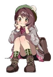 1girl brown_bag brown_footwear brown_hair cable_knit cardigan creatures_(company) dress dynamax_band fukuzawa_(huku486) game_freak gloria_(pokemon) green_hat green_socks grey_cardigan hands_on_own_face hat highres hood hooded_cardigan light_smile nintendo pink_dress plaid_clothes plaid_socks pokemon pokemon_swsh socks solo tam_o&#039;_shanter yellow_eyes