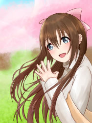 Rule 34 | 1girl, absurdres, aqua eyes, artist name, artist request, black bow, blue eyes, blue sky, blush, bow, branch, breasts, brown hair, brown scarf, day, female focus, fingers together, floating hair, hair between eyes, hair bow, highres, long hair, long sleeves, looking at viewer, love live!, love live! nijigasaki high school idol club, love live! school idol festival, love live! school idol festival all stars, osaka shizuku, outdoors, own hands together, parted lips, pink bow, ponytail, scarf, sky, smile, solo, sweater, tree, turtleneck, turtleneck sweater, upper body, white sweater