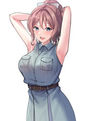 Rule 34 | 1girl, absurdres, armpits, arms behind head, arms up, bang dream!, bare arms, bare shoulders, belt, belt buckle, blue bow, blue dress, blue eyes, blush, bow, breast pocket, breasts, brown belt, brown hair, buckle, buttons, collared dress, commentary, cowboy shot, dress, hair between eyes, hair bow, high ponytail, highres, large breasts, looking at viewer, medium hair, open mouth, pocket, ponytail, ptal, sidelocks, simple background, sleeveless, sleeveless dress, smile, solo, standing, symbol-only commentary, white background, yamabuki saya