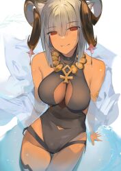 Rule 34 | 1girl, absurdres, animal ears, arknights, bare shoulders, black one-piece swimsuit, breasts, carnelian (arknights), carnelian (shimmering dew) (arknights), cleavage, cowboy shot, dark-skinned female, dark skin, goat ears, goat girl, goat horns, grey hair, groin, highres, horns, large breasts, looking at viewer, navel, official alternate costume, one-piece swimsuit, red eyes, short hair, simple background, sinoda, smile, solo, swimsuit