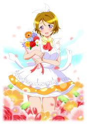 Rule 34 | 1girl, apron, artist name, artist request, back bow, bare legs, blush, bouquet, bow, breasts, brown hair, collared dress, dress, earrings, female focus, field, floating hair, flower, flower field, frilled apron, frilled shirt collar, frills, hair between eyes, hairband, highres, holding, holding bouquet, jewelry, koizumi hanayo, korekara no someday, looking at viewer, love live!, love live! school idol festival, love live! school idol project, miniskirt, neckerchief, parted lips, petals, pink petals, plaid, plaid dress, plaid skirt, pleated, pleated dress, pleated skirt, polka dot, polka dot skirt, purple eyes, red neckerchief, short hair, skirt, sleeveless, sleeveless dress, small breasts, smile, solo, white apron, white bow, white hairband, wind, yellow dress, yellow skirt