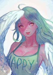 Rule 34 | 1girl, ahoge, bird wings, breasts, cleavage, clothes writing, feathered wings, green hair, guchay, harpy, large breasts, long hair, looking at viewer, monet (one piece), monster girl, one piece, smile, solo, upper body, winged arms, wings, yellow eyes