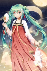 Rule 34 | 1girl, absurdly long hair, blue eyes, blue hair, blush, closed mouth, collarbone, flower, full moon, hair flower, hair ornament, hand fan, hatsune miku, highres, holding, holding fan, ji dao ji, long hair, looking at viewer, moon, night, night sky, paper fan, see-through, sky, smile, solo, star (sky), starry sky, twintails, uchiwa, very long hair, vocaloid
