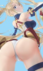 Rule 34 | 1girl, absurdres, armor, ass, bare shoulders, blonde hair, blue background, blue eyes, bradamante (fate), braid, breasts, commentary request, elbow gloves, fate/grand order, fate (series), faulds, french braid, from behind, gloves, highres, huge filesize, large breasts, leotard, long hair, looking at viewer, ningmeng fengmi, partially visible vulva, smile, solo, thigh strap, twintails, very long hair