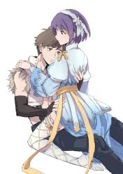 Rule 34 | 1boy, 1girl, arch bishop (ragnarok online), black gloves, black pants, blue dress, breasts, brown eyes, brown hair, closed mouth, commentary request, crop top, cross, dress, expressionless, feet out of frame, fingerless gloves, fishnet thighhighs, fishnets, flower, frilled thighhighs, frills, fur-trimmed shirt, fur trim, gloves, hair flower, hair ornament, hairband, hand on another&#039;s back, hand on another&#039;s shoulder, hetero, juliet sleeves, long sleeves, looking at another, medium bangs, medium breasts, open clothes, open shirt, pants, puffy sleeves, purple eyes, purple hair, ragnarok online, ruche ro, sash, shirt, short hair, simple background, sitting, sitting on person, suspenders, thighhighs, two-tone dress, white background, white dress, white flower, white hairband, white shirt, white thighhighs, whitesmith (ragnarok online), yellow sash