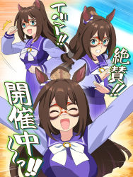 Rule 34 | 1girl, :d, ^^^, ^ ^, animal ears, arms up, blouse, blue eyes, blue shirt, blue skirt, bow, breasts, brown hair, clenched hand, closed eyes, commentary request, el condor pasa (umamusume), emphasis lines, closed eyes, grin, high ponytail, highres, horse ears, long hair, long sleeves, medium breasts, multiple views, open mouth, outstretched arms, pleated skirt, ponytail, purple shirt, school uniform, shirt, skirt, sleeves past wrists, smile, tonbi, translation request, umamusume, white bow