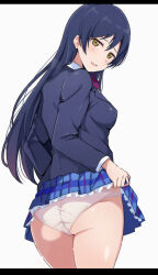 Rule 34 | 1girl, absurdres, ass, blazer, bow, clothes lift, from behind, highres, jacket, lifted by self, long hair, long sleeves, looking at viewer, looking back, love live!, love live! school idol project, otonokizaka school uniform, panties, plaid, plaid skirt, school uniform, simple background, skirt, skirt lift, solo, sonoda umi, underwear, wewe, white background, white panties, yellow eyes