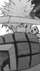 Rule 34 | 1boy, bakugou katsuki, blood, blood on face, blurry, blurry foreground, boku no hero academia, foreshortening, greyscale, highres, looking at viewer, male focus, monochrome, nstime23, rain, solo, symbol-only commentary