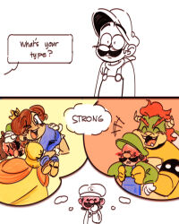 Rule 34 | 1girl, 2boys, blush, bowser, brown hair, claws, comic, crown, dress, earrings, facial hair, flower earrings, gloves, grin, hat, highres, holding, horns, jewelry, laughing, looking at viewer, luigi, mario (series), multiple boys, mustache, nintendo, one eye closed, orange dress, over shoulder, overalls, princess daisy, puffy short sleeves, puffy sleeves, red hair, short sleeves, smile, speech bubble, super mario bros. 1, super mario land, tomboy, wink