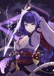 Rule 34 | 1girl, arm up, blunt bangs, braid, breasts, bridal gauntlets, cleavage, commentary, cowboy shot, genshin impact, hand on own hip, highres, holding, holding sword, holding weapon, japanese clothes, katana, kimono, large breasts, long hair, looking at viewer, low-braided long hair, low-tied long hair, mitsudomoe (shape), mole, mole under eye, musou isshin (genshin impact), obi, obiage, obijime, parted lips, purple eyes, purple hair, purple kimono, raiden shogun, sash, shrug (clothing), solo, sword, tied sleeves, tomoe (symbol), toslon, very long hair, vision (genshin impact), weapon