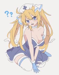 Rule 34 | 1girl, ?, ??, bare shoulders, blonde hair, blue dress, blue eyes, blue footwear, breasts, character request, cleavage, collarbone, confused, copyright request, dress, dress slip, hair ribbon, hat, head tilt, highres, long hair, looking up, low wings, medium breasts, nojima minami, nurse cap, open mouth, ribbon, sitting, sketch, solo, strapless, strapless dress, thighhighs, twintails, very long hair, white background, white ribbon, white thighhighs, wings