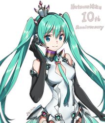 Rule 34 | 1girl, aqua hair, aqua necktie, artist name, bad link, black gloves, black hairband, blue eyes, breasts, character name, covered navel, elbow gloves, floating hair, gloves, hair between eyes, hairband, hatsune miku, headphones, highres, leotard, long hair, looking at viewer, necktie, saitou masatsugu, simple background, small breasts, smile, solo, standing, twintails, very long hair, vocaloid, white background, white leotard