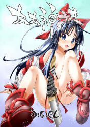 Rule 34 | 1girl, ainu clothes, arm support, blue eyes, blue hair, blush, breasts, convenient censoring, digiel, fingerless gloves, gloves, hair ribbon, legs, long hair, looking at viewer, nakoruru, navel, open mouth, partially visible vulva, ribbon, samurai spirits, sitting, small breasts, smile, snk, solo, spread legs, thighs, weapon