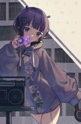 Rule 34 | 1girl, black hair, blunt bangs, cassette player, cassette tape, commentary, hair ornament, hairclip, headphones, highres, holding, holding headphones, hololive, hololive english, hood, hoodie, indoors, ninomae ina&#039;nis, ninomae ina&#039;nis (loungewear), no pants, official alternate costume, official alternate hair length, official alternate hairstyle, pixie cut, purple hair, purple hood, purple hoodie, short hair, virtual youtuber, xyunx