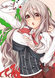 Rule 34 | 10s, 1girl, :o, anchor, blush, bow, bowtie, breasts, brown eyes, corset, grey hair, hair between eyes, highres, italian flag, italy, kantai collection, large breasts, long hair, pola (kancolle), red bow, red bowtie, red skirt, sazamiso rx, shirt, simple background, skirt, solo, torn clothes, translation request, very long hair, wavy hair, white shirt