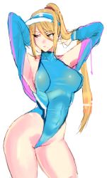 Rule 34 | 1girl, armpits, arms up, blonde hair, blue one-piece swimsuit, breasts, commentary request, competition swimsuit, green eyes, hair between eyes, jacket, jacket over swimsuit, large breasts, looking away, metroid, mole, mole under mouth, nintendo, one-piece swimsuit, panzer (p.z), ponytail, samus aran, sketch, solo, swimsuit, visor cap, white background