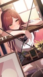 Rule 34 | 1girl, absurdres, arm rest, blurry, blurry background, blush, breasts, brown hair, cleavage, debi tarou, dutch angle, highres, idolmaster, idolmaster shiny colors, indoors, looking at viewer, odecono3, osaki amana, shelf, smile, solo, sunset, yellow eyes