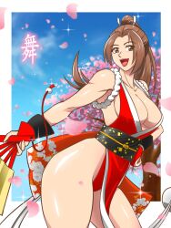 Rule 34 | 1girl, bare shoulders, breasts, brown eyes, brown hair, cleavage, falling petals, fatal fury, hand fan, highres, large breasts, long hair, ninja, panties, pelvic curtain, petals, roy10113a, shiranui mai, sleeveless, the king of fighters, underwear, wide hips