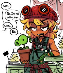 Rule 34 | 1girl, absurdres, annoyed, body freckles, colored skin, commentary, english commentary, english text, flower pot, freckles, frown, green overalls, half-closed eyes, highres, holding, holding flower pot, open mouth, orange skin, peargor, peashooter (plants vs zombies), plant, plants vs zombies, plants vs zombies heroes, potted plant, red beanie, solar flare (plants vs zombies heroes), speech bubble, standing, talking, teeth, upper teeth only, yellow eyes