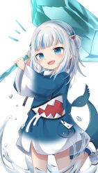 Rule 34 | 1girl, absurdres, animal costume, blue eyes, blue hair, blue hoodie, blue nails, blunt bangs, fins, fish tail, gawr gura, gawr gura (1st costume), hair ornament, highres, hololive, hololive english, hood, hoodie, looking at viewer, medium hair, multicolored hair, open mouth, shark costume, shark girl, shark hair ornament, shark tail, sidelocks, snmdx, solo, streaked hair, tail, two side up, virtual youtuber, white hair