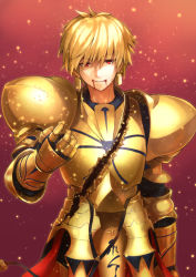 Rule 34 | 1boy, arm at side, armor, black gloves, blonde hair, blood, blood from mouth, breastplate, broken armor, commentary request, earrings, eyes visible through hair, fate/stay night, fate (series), faulds, gauntlets, gilgamesh (fate), gloves, gold armor, gradient background, hair between eyes, hand up, highres, hyp, injury, jewelry, light particles, long sleeves, looking at viewer, male focus, parted lips, pauldrons, red background, red eyes, shoulder armor, smile, solo, standing, yellow armor