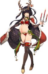 Rule 34 | 1girl, animal ears, antlers, bell, black eyes, black hair, black nails, boots, bow, breasts, candle, cape, chandelier, christmas, collar, female focus, fire emblem, fire emblem heroes, full body, fur trim, gift, green bow, highres, hime cut, holding, holding candle, horns, long hair, looking at viewer, matching hair/eyes, medium breasts, midriff, mistletoe, nail polish, navel, neck bell, nintendo, pregnant, red cape, reindeer antlers, smile, solo, standing, tharja (fire emblem), thigh boots, thighhighs, third-party edit, two side up, washimoto (artist)