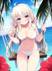 Rule 34 | 1girl, :o, ahoge, bare shoulders, bikini, blue sky, blush, breasts, cleavage, cloud, cloudy sky, collarbone, commentary request, cowboy shot, day, feet out of frame, flower, grey shirt, hair between eyes, hair ribbon, hibiscus, highres, horizon, large breasts, long hair, looking at viewer, low twintails, navel, ocean, off shoulder, open clothes, open shirt, original, outdoors, palm leaf, parted lips, pink ribbon, pulled by self, purple eyes, red flower, ribbon, sasahara wakaba, see-through, shirt, short sleeves, side-tie bikini bottom, silver hair, sitting, sky, solo, strap pull, swimsuit, swing, thighs, twintails, very long hair, water, white bikini