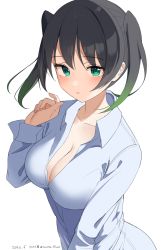 Rule 34 | 1girl, black hair, blue shirt, blush, breasts, cleavage, collarbone, dated, gradient hair, green eyes, green hair, hand up, highres, hirota fruit, large breasts, long hair, long sleeves, looking at viewer, love live!, love live! nijigasaki high school idol club, multicolored hair, open mouth, shirt, simple background, solo, takasaki yu, twintails, twitter username, two-tone hair, upper body, white background