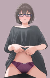 Rule 34 | 1girl, black shirt, blue-framed eyewear, blush, bow, bow panties, bra, bra peek, breasts, brown eyes, brown hair, commentary request, crotch rub, female masturbation, glasses, highres, large breasts, lifted by self, looking at viewer, masturbation, no pants, norato, nose blush, off shoulder, open mouth, original, panties, purple panties, shirt, short hair, simple background, solo, standing, sweat, t-shirt, table humping, underwear
