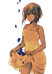 Rule 34 | 1girl, black hair, breasts, brown eyes, dark skin, dark-skinned female, dress, fate/prototype, fate/prototype: fragments of blue and silver, fate (series), hassan of serenity (fate), hizuki aya, looking at viewer, lowres, petals, short hair, simple background, sleeveless, sleeveless dress, solo, white background