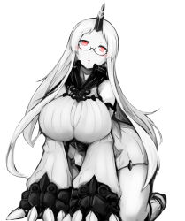 Rule 34 | 10s, 1girl, :o, absurdres, abyssal ship, all fours, bare shoulders, blush, breasts, bursting breasts, claws, cleavage, detached sleeves, dress, glasses, highres, horns, huge breasts, kantai collection, large breasts, long hair, looking at viewer, mafuyu no mo, monochrome, red eyes, ribbed dress, seaport princess, seaport water oni, simple background, single horn, solo, very long hair, white hair