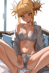 Rule 34 | 1girl, absurdres, bags under eyes, bare legs, bed sheet, blonde hair, blunt bangs, blush, boku no hero academia, bra, breasts, cameltoe, collarbone, double bun, fingernails, hair bun, head tilt, highres, indoors, long sleeves, looking at viewer, medium breasts, messy hair, navel, off shoulder, open clothes, open shirt, panties, parted lips, partially visible vulva, pillow, shirt, sidelocks, sitting, slit pupils, solo, spread legs, stomach, toga himiko, underwear, white bra, white panties, white shirt, yellow eyes, zd (pixiv6210083)