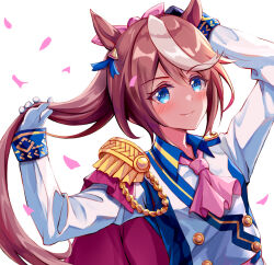 Rule 34 | 1girl, adjusting clothes, adjusting gloves, animal ears, ascot, blue eyes, blue jacket, blush, brown hair, buttons, cape, cherry blossoms, commentary request, double-breasted, epaulettes, falling petals, gloves, hair between eyes, horse ears, horse girl, jacket, kuroganeruto, multicolored hair, petals, pink ascot, ponytail, red cape, simple background, single epaulette, smile, solo, streaked hair, tokai teio (umamusume), umamusume, white background, white gloves, white hair, white jacket